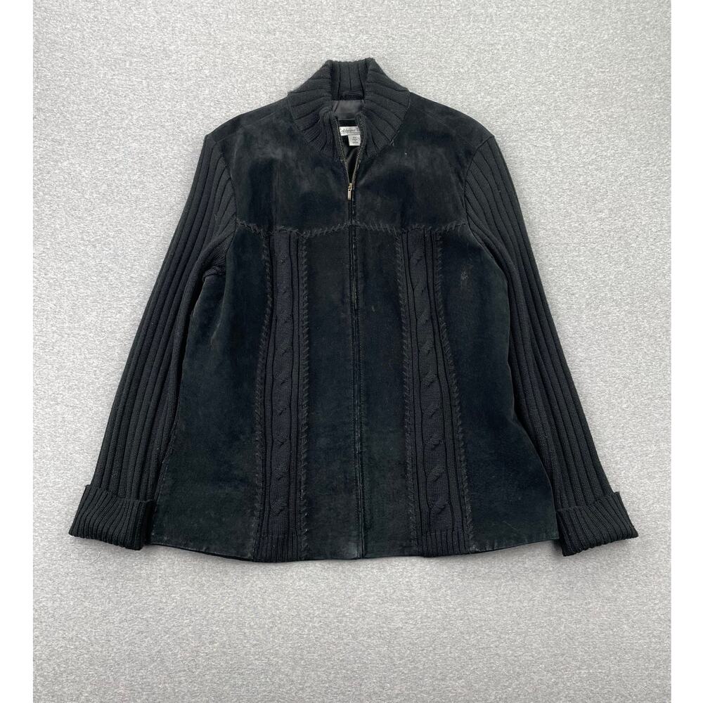 Coldwater Creek Womens Leather Sweater Jacket 2X Black Cable Knit Zip-Up Wool